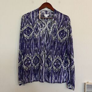 Chico's Linen Blend Ikat Purple Lightweight Tie Long Sleeve Cardigan SZ 1 S